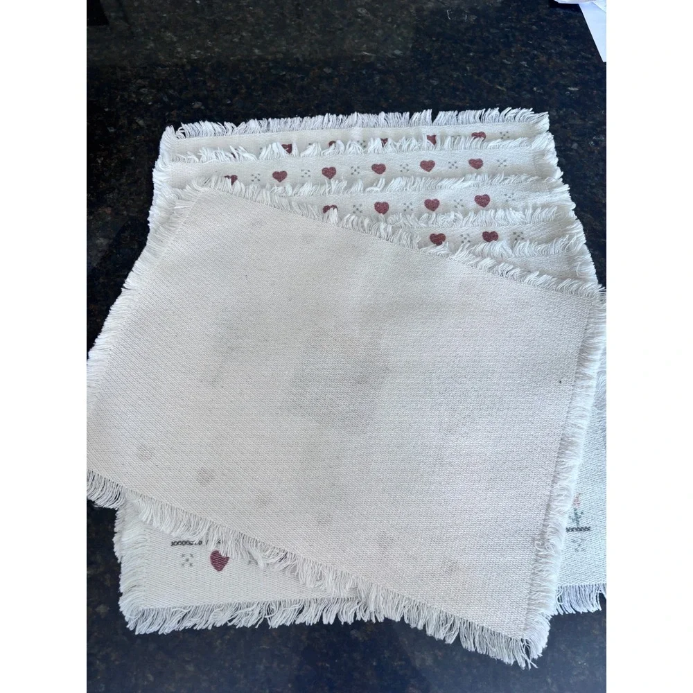 Vintage Farmhouse Woven Placemats Set of 4 Saltbox House Heart Fringed Cream